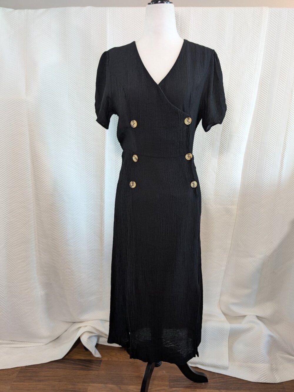 All In Favor Black Double Breasted Midi Dress Front Slits Crepe Size Medium